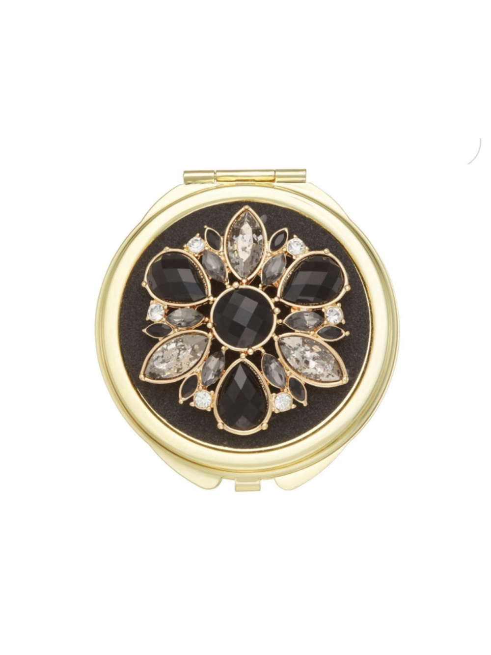 Beautiful Monet Compact Mirror Gold Tone Black Clear Crystals Flower Motif New